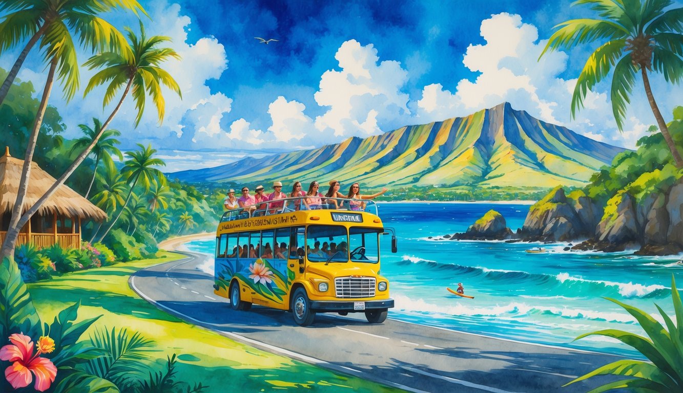 A colorful bus driving along a coastal road in Hawaii with mountains, ocean, palm trees, and passengers enjoying the tour.