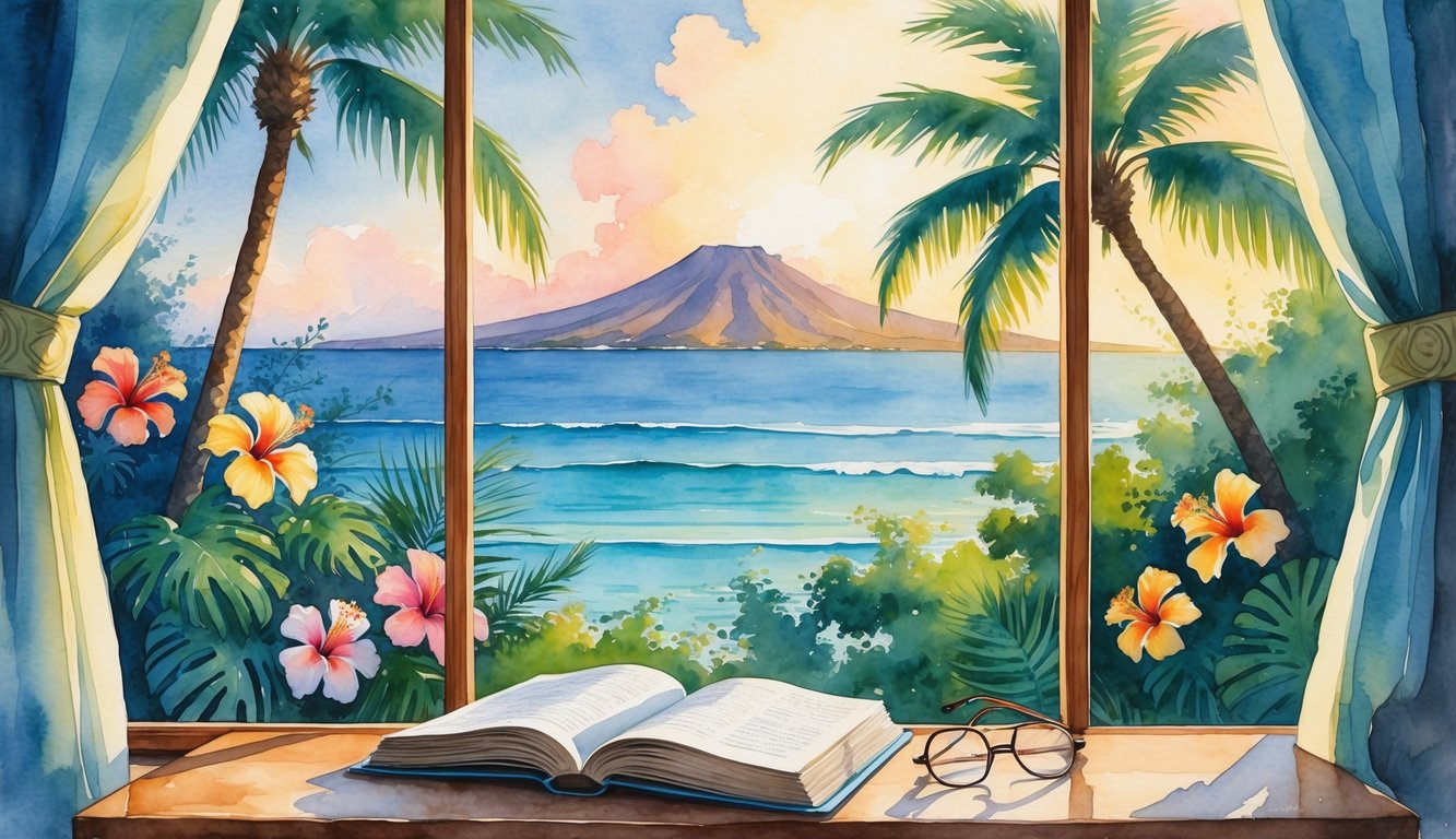A cozy reading nook by a window overlooking tropical plants, the ocean, and a distant mountain.