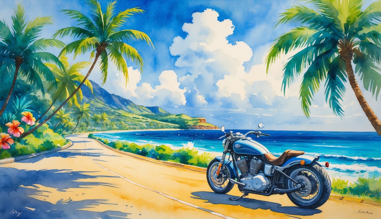 A motorcycle parked beside a coastal road with palm trees, flowers, and ocean waves in the background.