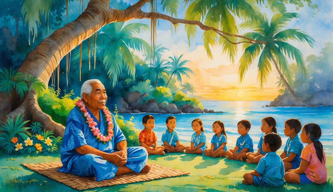 A group of people gathered outdoors under a large tree near the ocean, listening to an elder telling a story.