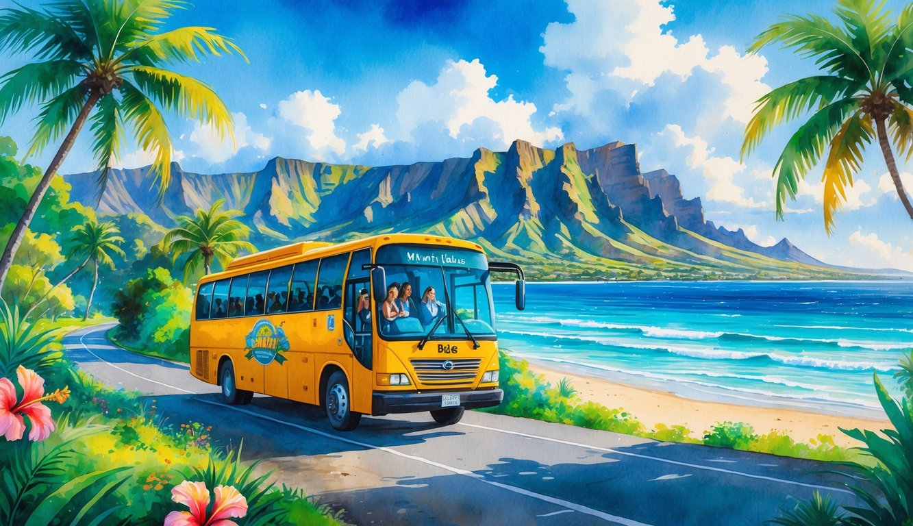 A tour bus driving along a coastal road in Hawaii with tropical plants, mountains, and the ocean nearby.