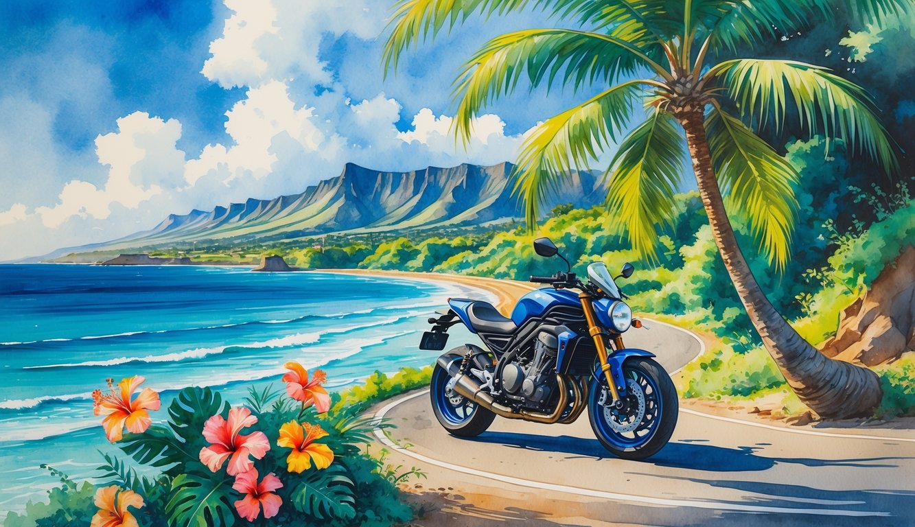 A motorcycle parked near palm trees along a coastal road with tropical plants and mountains in the background.