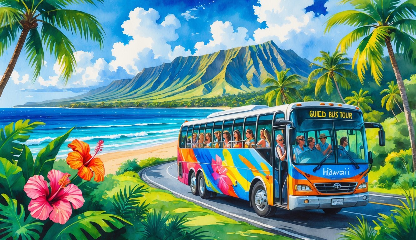 A tour bus driving along a coastal road in Hawaii surrounded by palm trees, mountains, ocean, and tropical flowers.