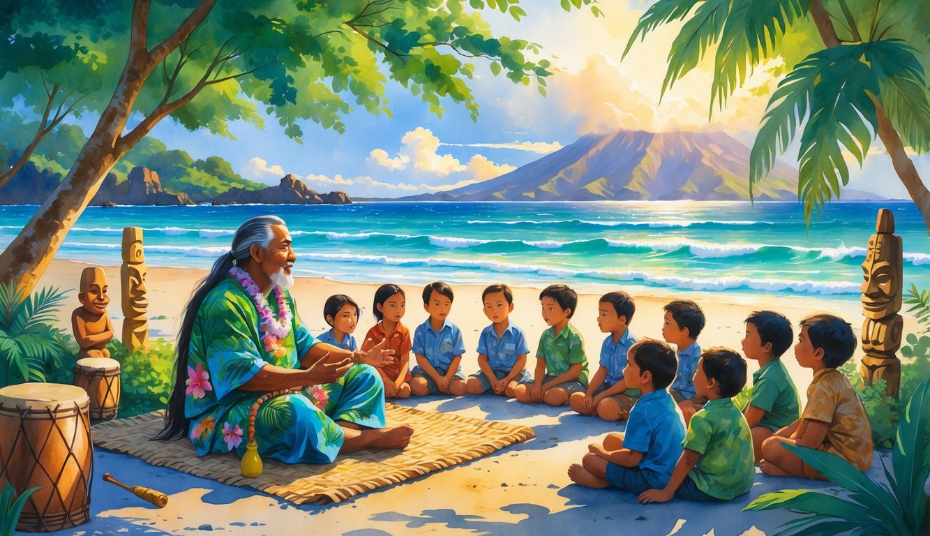 A Hawaiian elder tells stories to a group of people outdoors near tropical trees and the ocean, surrounded by traditional cultural items.