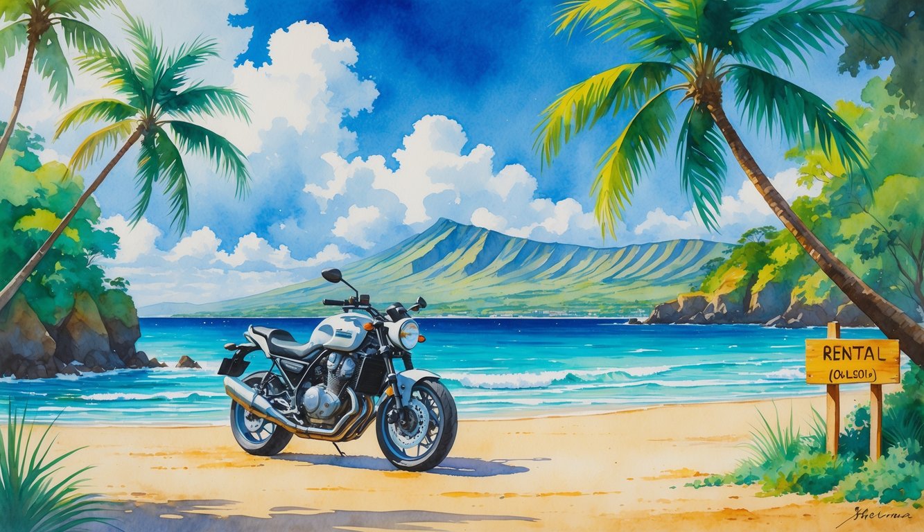 A motorcycle parked on a sunny Hawaiian beach with palm trees, mountains, and ocean waves in the background.