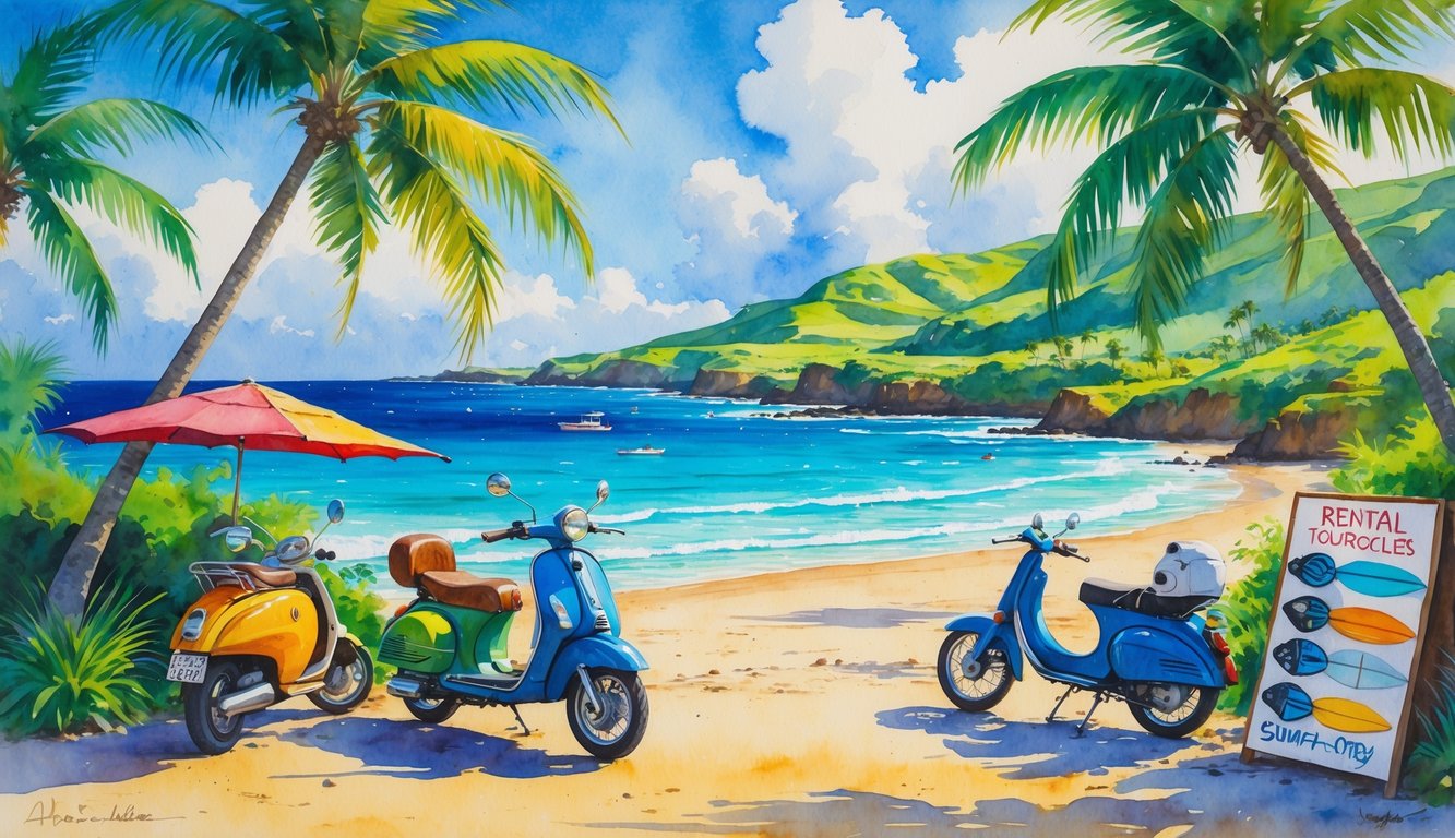 A tropical Hawaiian beach scene showing scooters, bicycles, surfboards, and vehicles near palm trees and a coastal road with hills and ocean in the background.