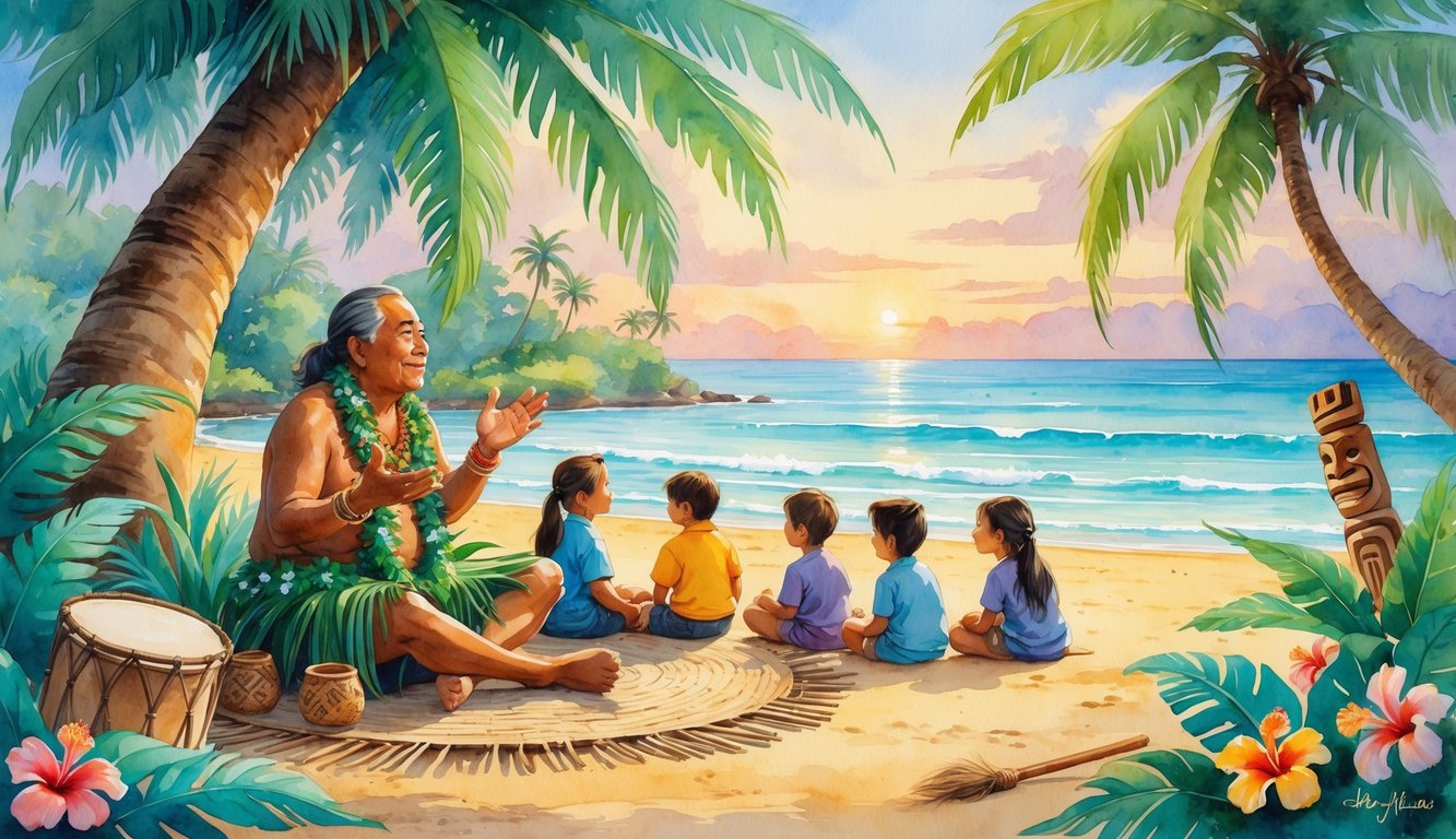 A Hawaiian elder telling stories to a group of people under a large tree near the beach with tropical plants and ocean in the background.