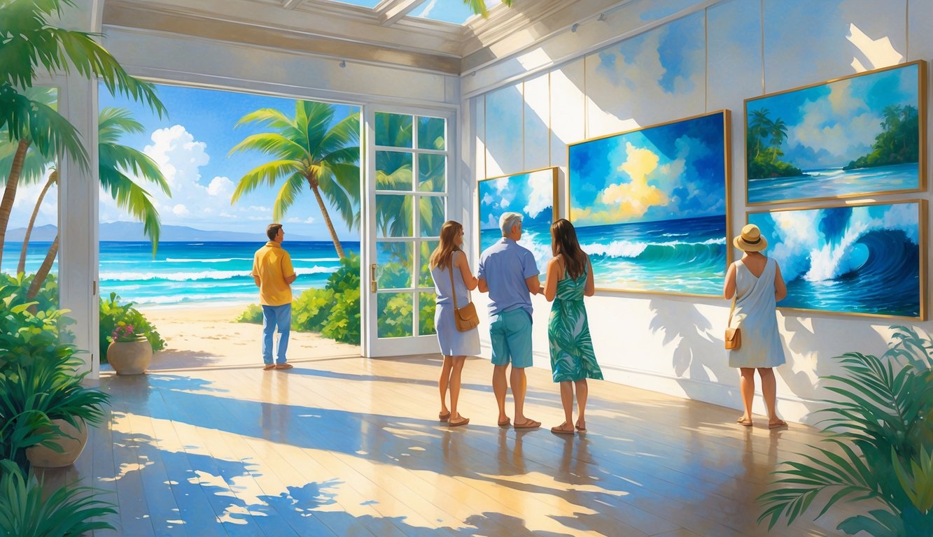 Visitors admiring paintings inside a bright art gallery surrounded by tropical plants and a view of the beach and ocean outside.