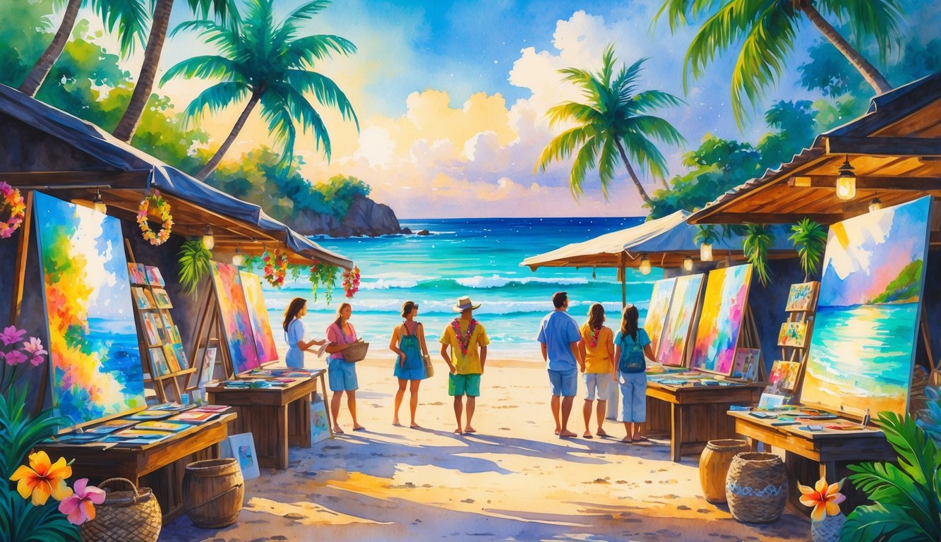 A Hawaiian beachside marketplace with artists selling paintings and crafts, palm trees, and people browsing under a pastel sky.