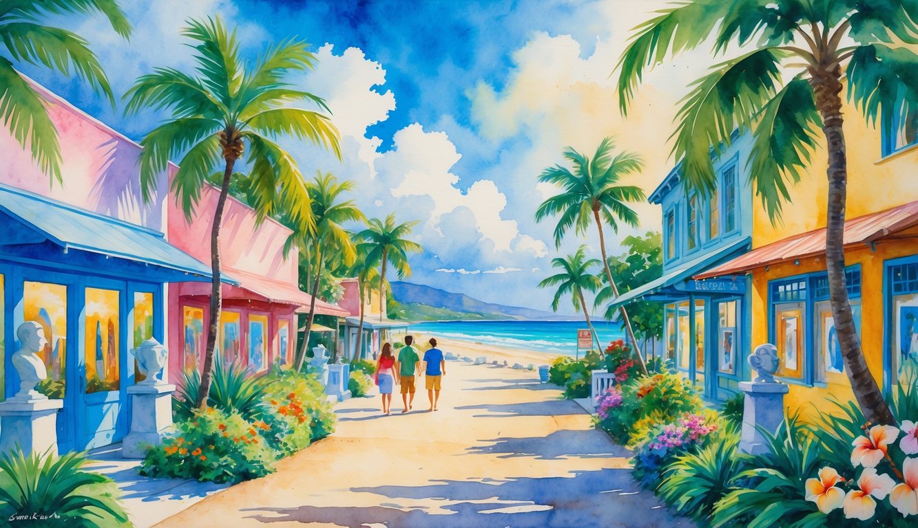 A coastal town with art galleries surrounded by tropical plants and visitors walking along a path near the ocean.
