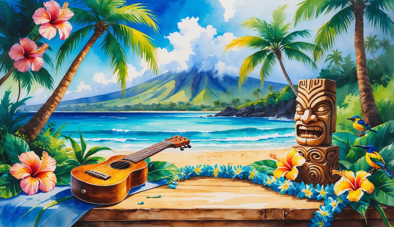 A tropical Hawaiian landscape with palm trees, hibiscus flowers, a beach, a ukulele, a flower lei, a tiki statue, and mountains in the background.