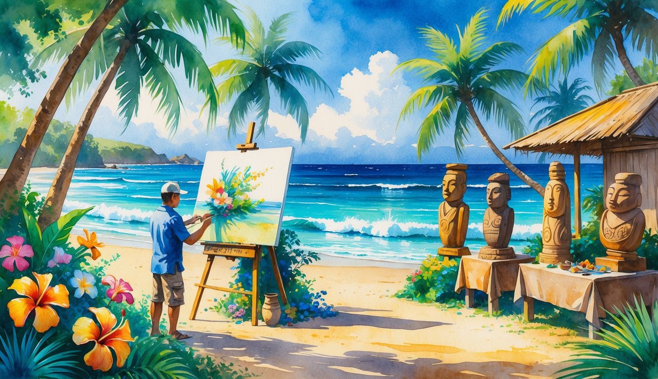 A local artist painting outdoors near tropical flowers, wooden sculptures, palm trees, and a beach with gentle waves.