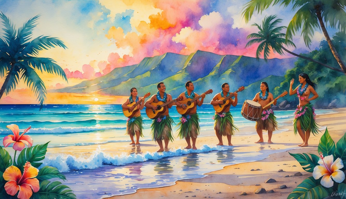 A group of Hawaiian musicians playing traditional instruments on a beach at sunset, with dancers performing hula surrounded by tropical flowers and mountains in the background.