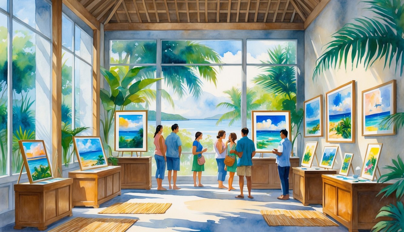 A peaceful art gallery in Hawaii with visitors viewing paintings and tropical plants visible through large windows.