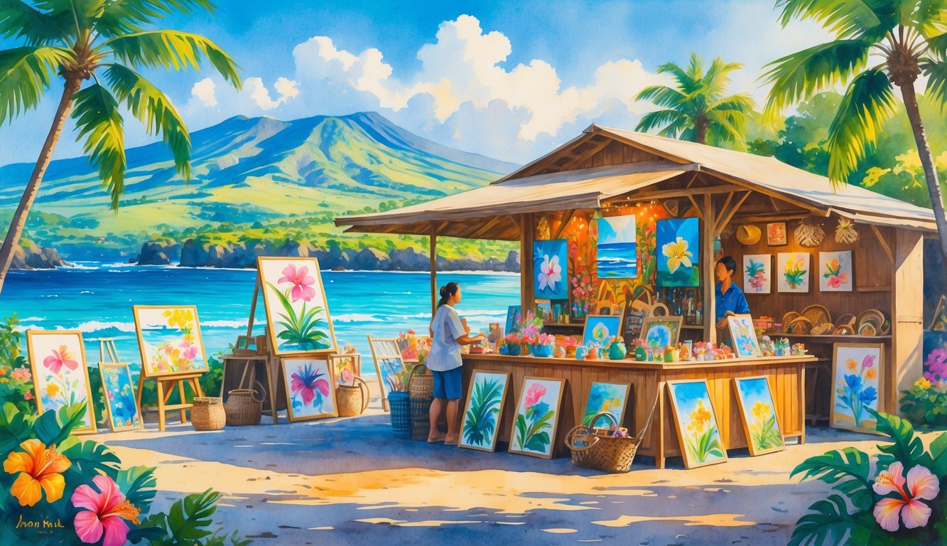 A Hawaiian outdoor art market with colorful paintings, sculptures, palm trees, and mountains in the background.