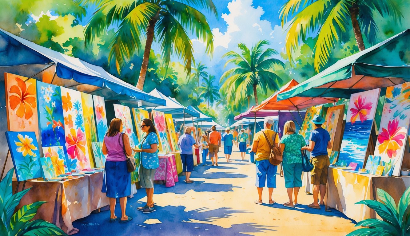 People browsing an outdoor art market with tropical trees and colorful artwork displayed on stalls.