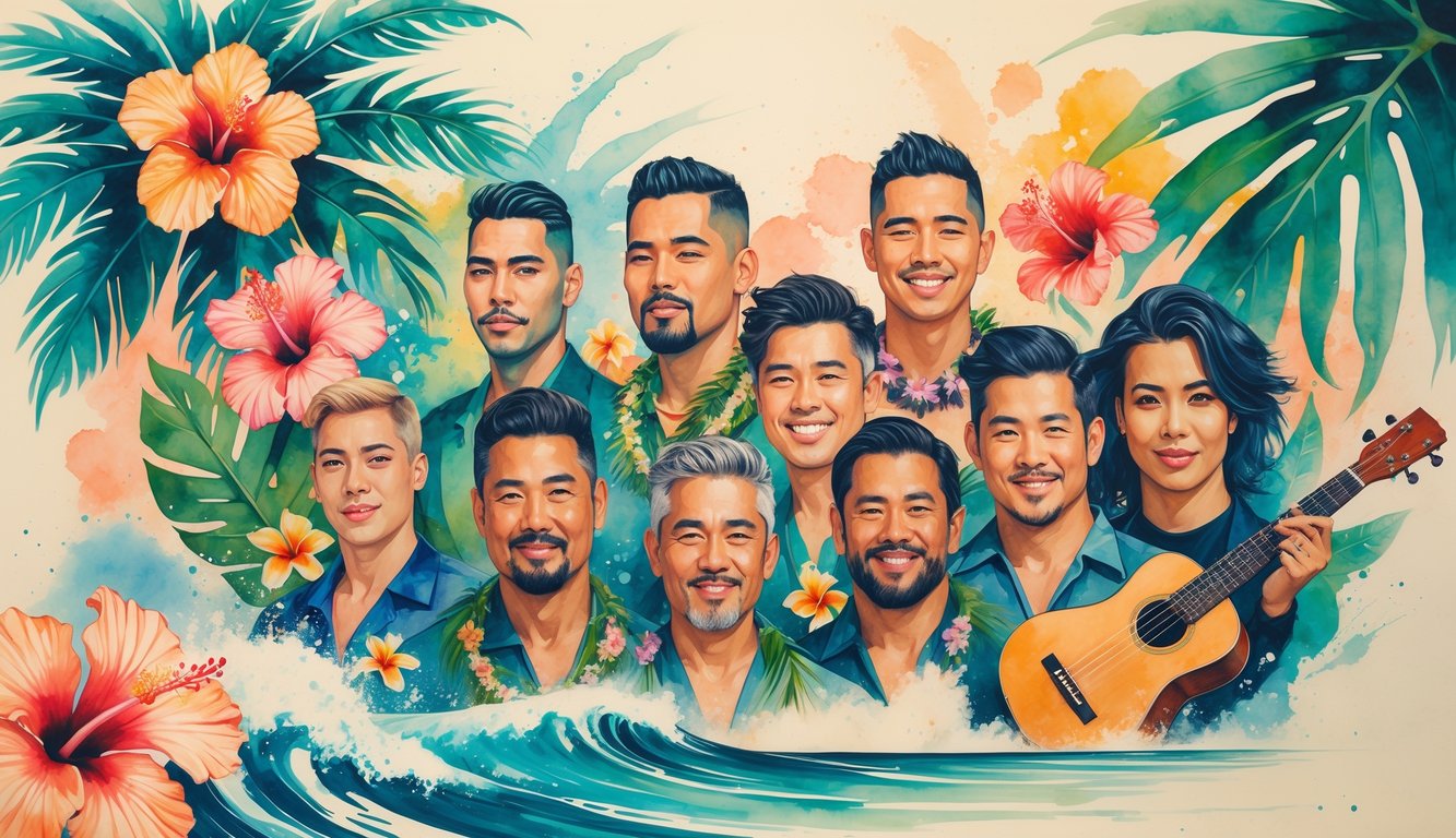 A colorful scene showing portraits of diverse Hawaiian artists surrounded by tropical flowers, palm leaves, and ocean waves.