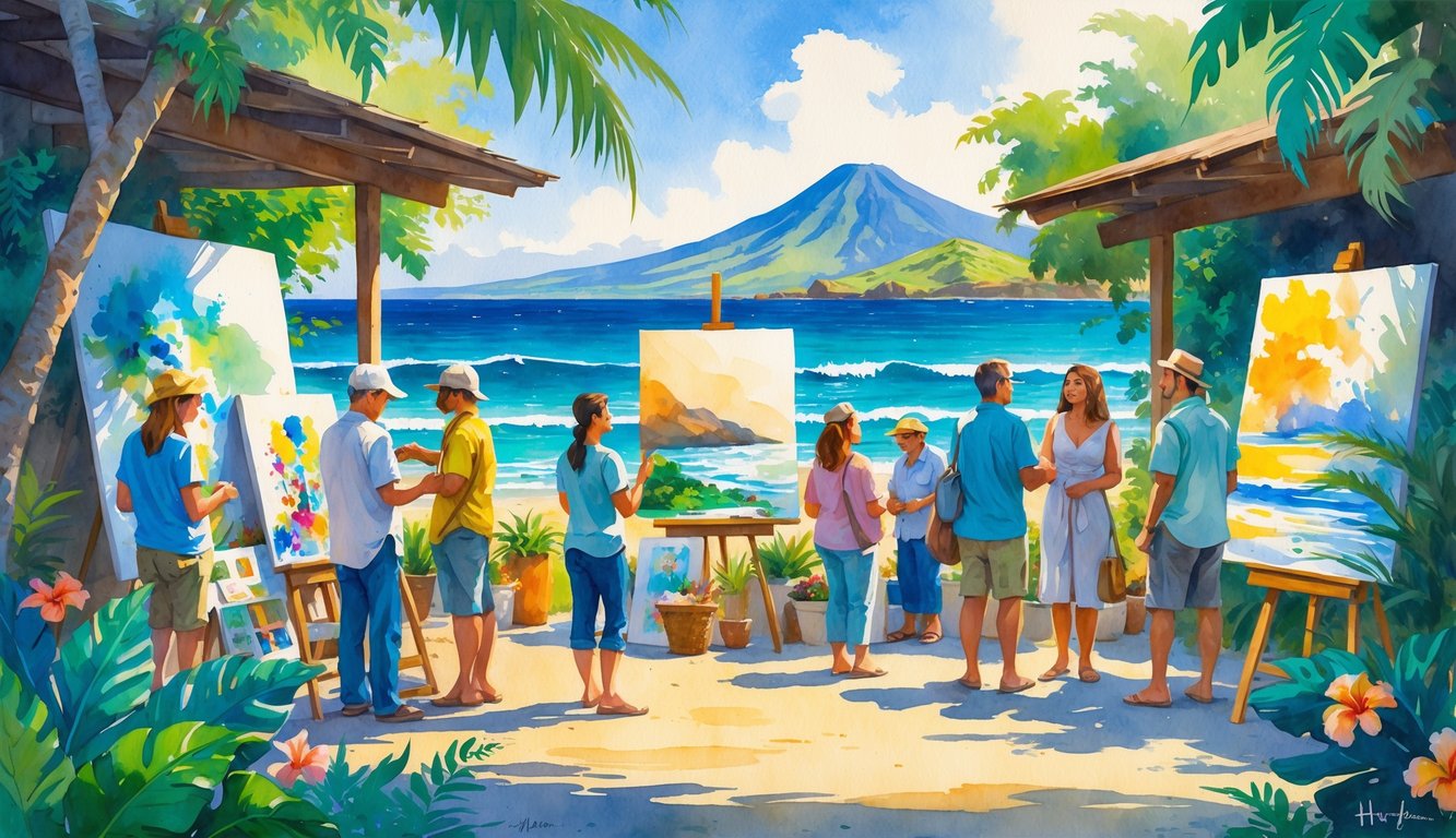People interacting with artists and admiring artwork at an outdoor gallery surrounded by tropical plants and ocean views.
