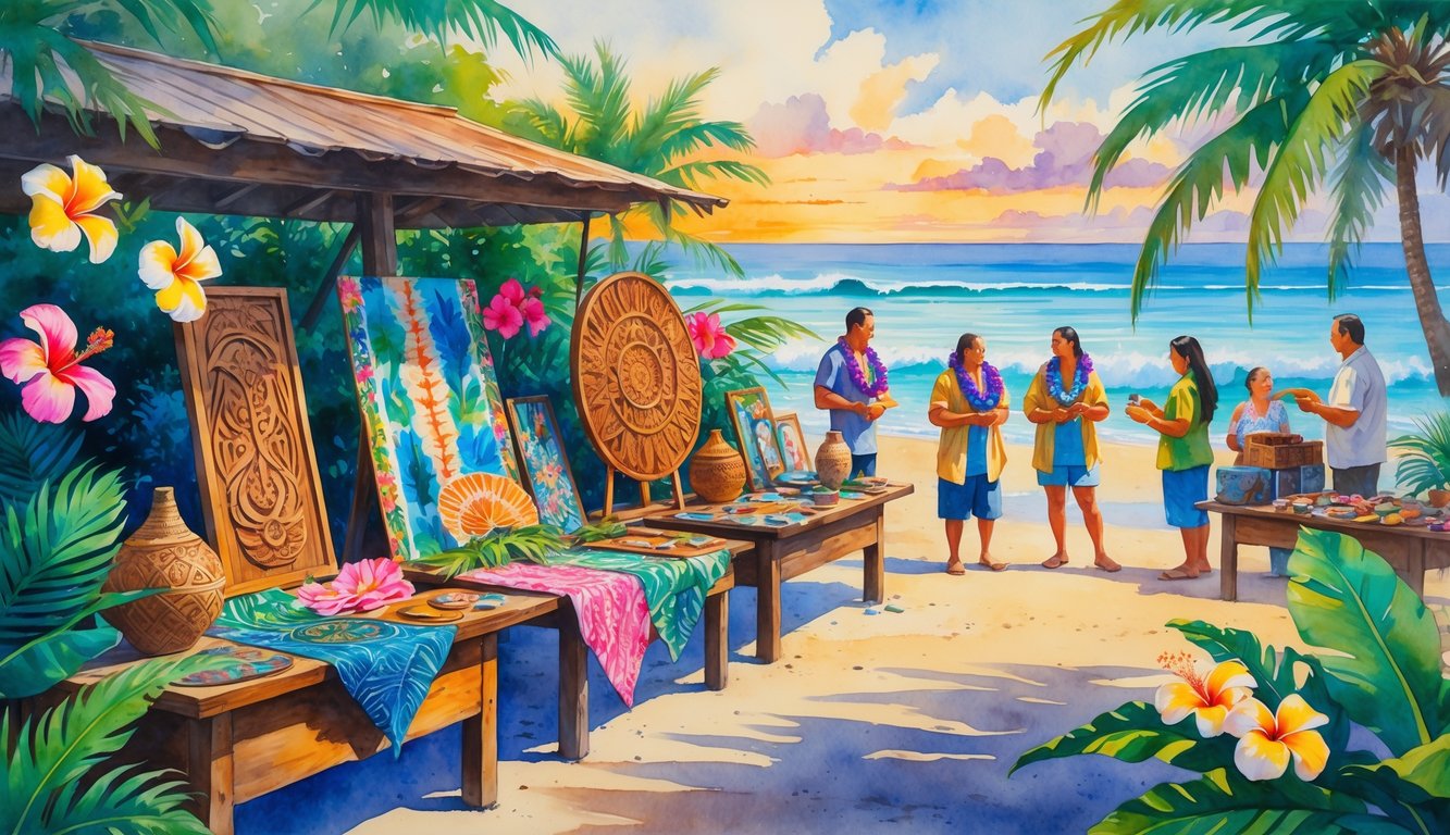 A Hawaiian art market with traditional wood carvings, colorful cloth, shell leis, tropical plants, and artists interacting with visitors near a beach at sunset.