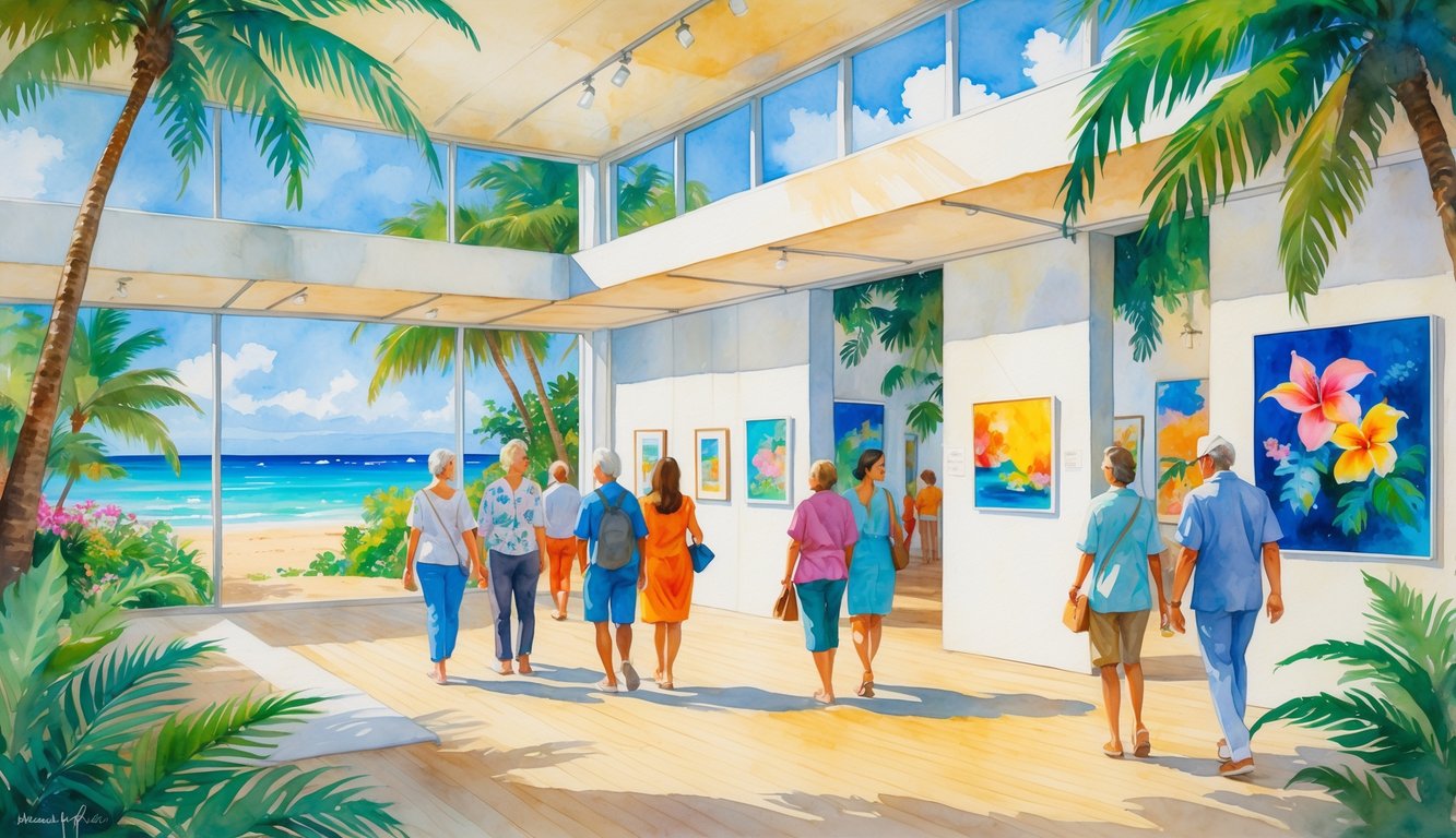 A sunlit art gallery in Hawaii with visitors viewing sculptures and paintings, surrounded by tropical plants and a view of the beach and ocean outside.