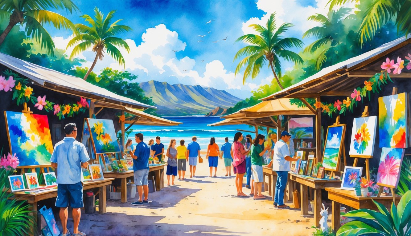 A tropical outdoor market with artists displaying paintings and crafts, visitors browsing, palm trees, ocean, and mountains in the background.