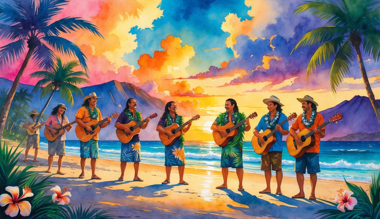 A group of musicians playing instruments on a beach at sunset with palm trees, ocean waves, and mountains in the background.
