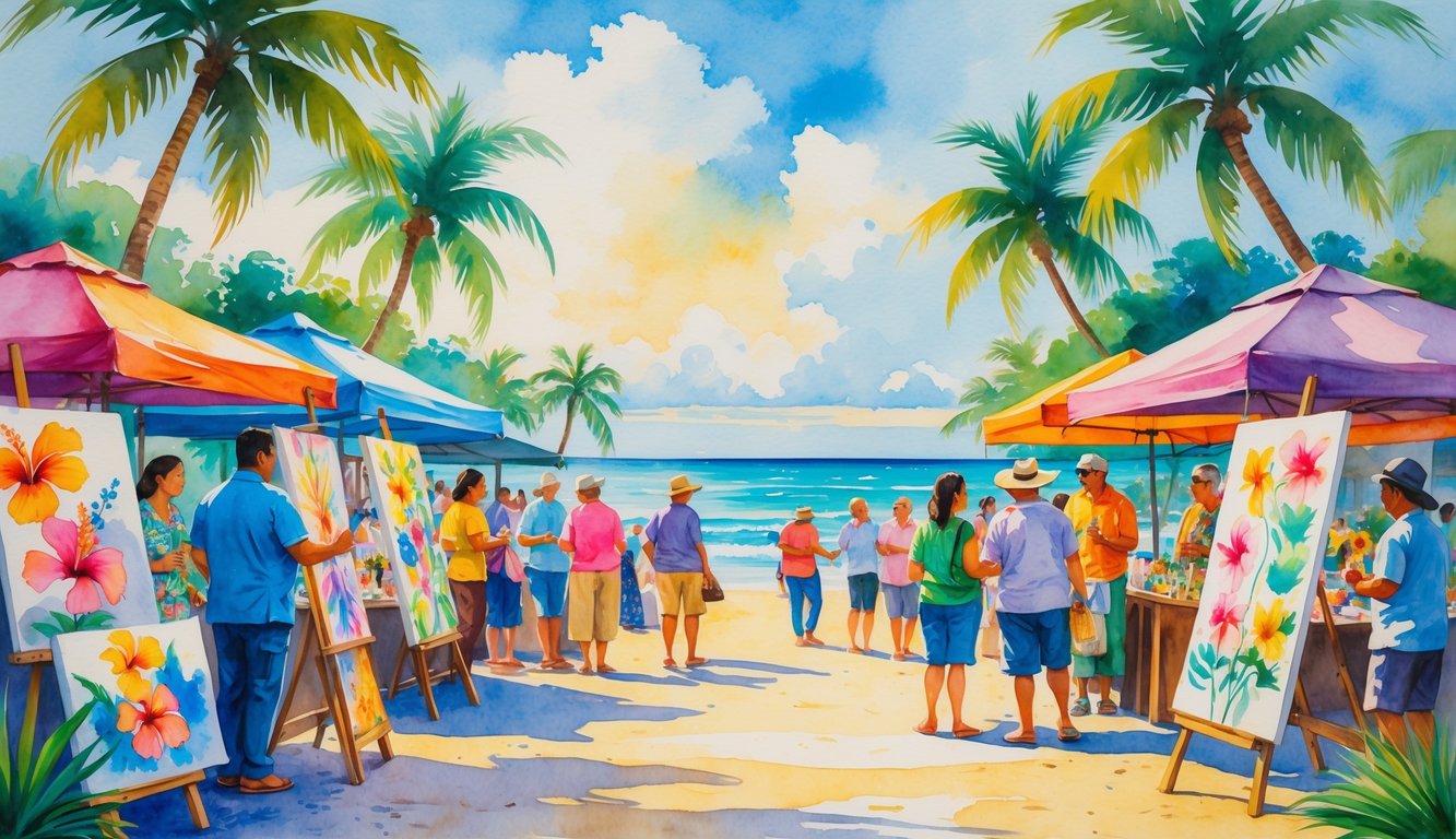 People browsing and buying artwork from local artists at an outdoor market near the beach with palm trees and ocean in the background.