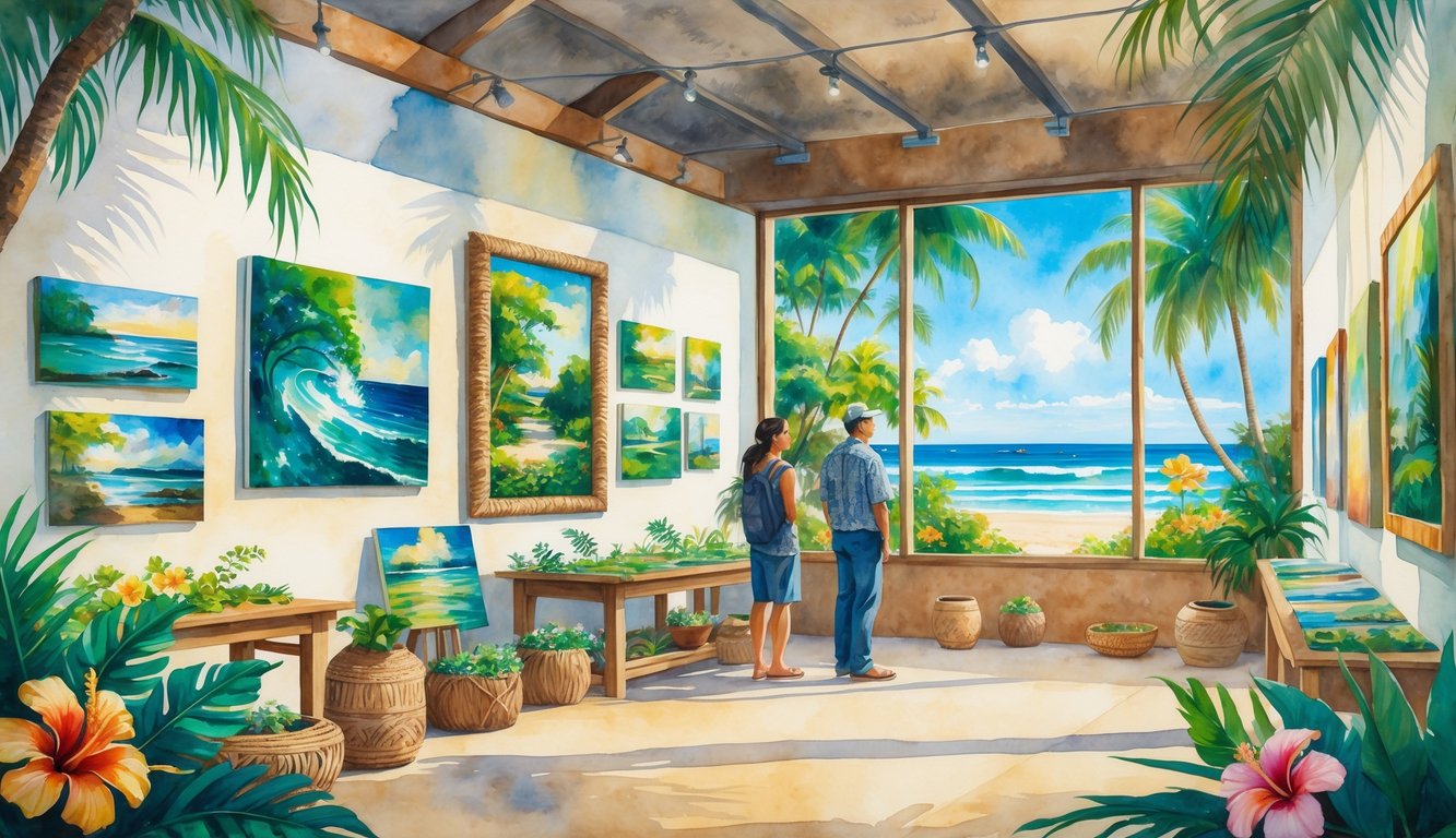 Visitors inside a Hawaiian art gallery surrounded by tropical plants and traditional Hawaiian materials, with a beach and palm trees visible outside the windows.