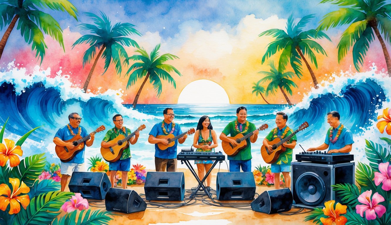 A group of diverse musicians playing traditional and modern instruments on a tropical beach with palm trees, flowers, and ocean waves at sunset.