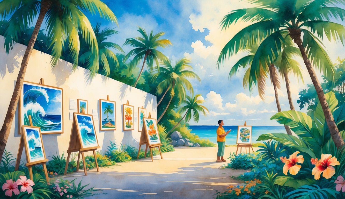 A Hawaiian art gallery outdoors surrounded by palm trees and tropical plants, with local artworks displayed and an artist talking to visitors near the ocean.