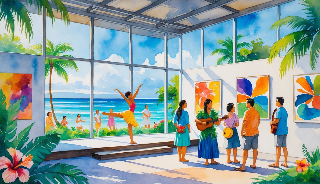 People enjoying a performing arts exhibit inside an art gallery with tropical plants and ocean visible outside.