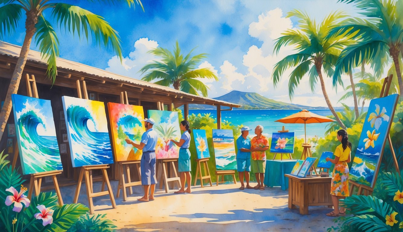An outdoor Hawaiian art gallery with artists showing colorful paintings and sculptures to visitors surrounded by tropical plants and palm trees.