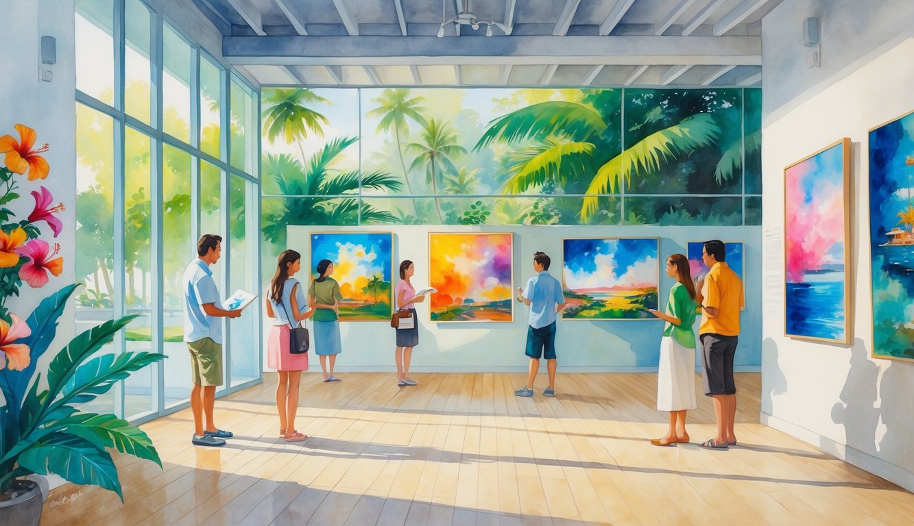 People visiting an art gallery with tropical plants visible outside through large windows.