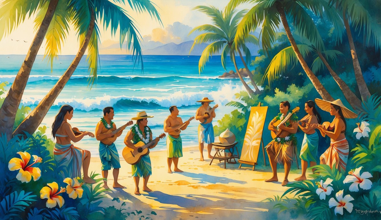A group of Hawaiian artists creating art and playing music outdoors surrounded by tropical plants and ocean waves.