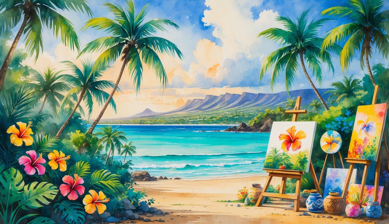 A tropical Hawaiian landscape with flowers, palm trees, an artist painting outdoors, handmade crafts, a beach, and distant mountains.