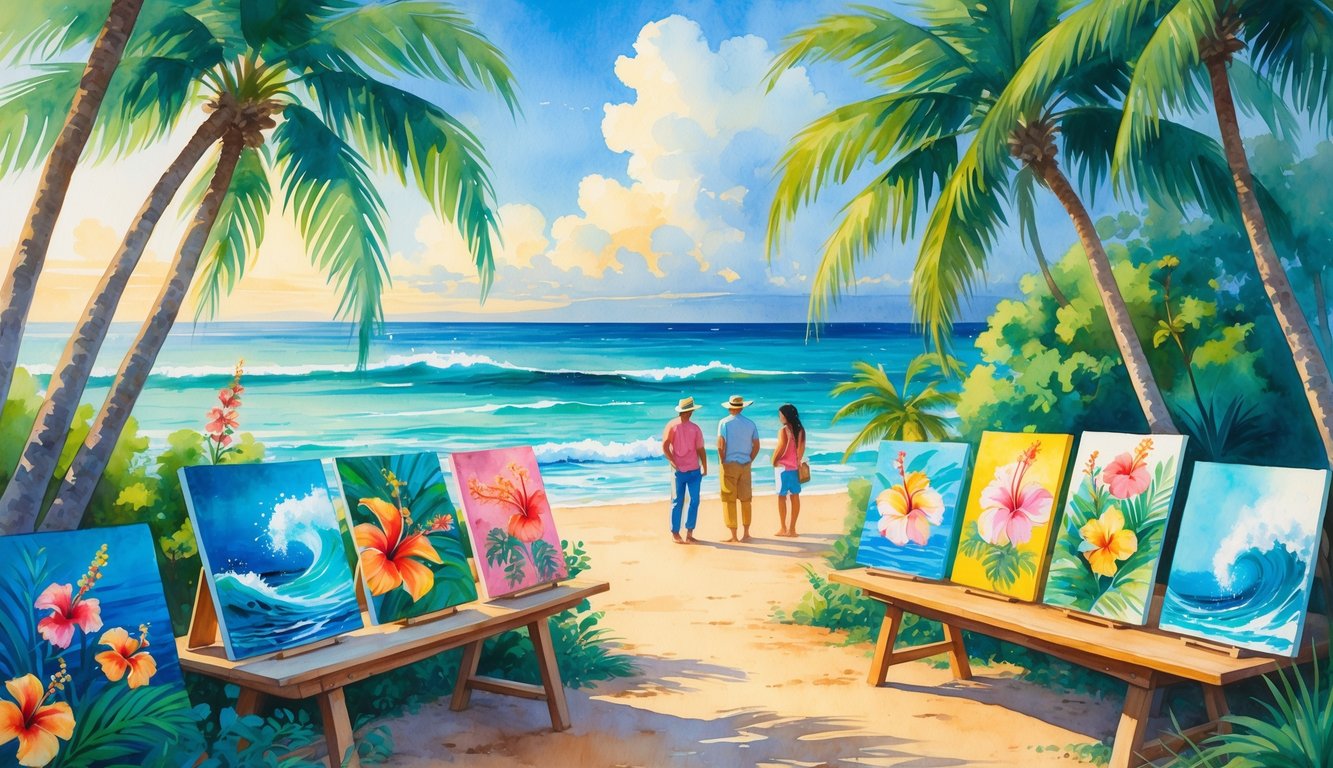 A coastal Hawaiian art gallery with people browsing colorful local paintings surrounded by palm trees, flowers, and ocean waves.