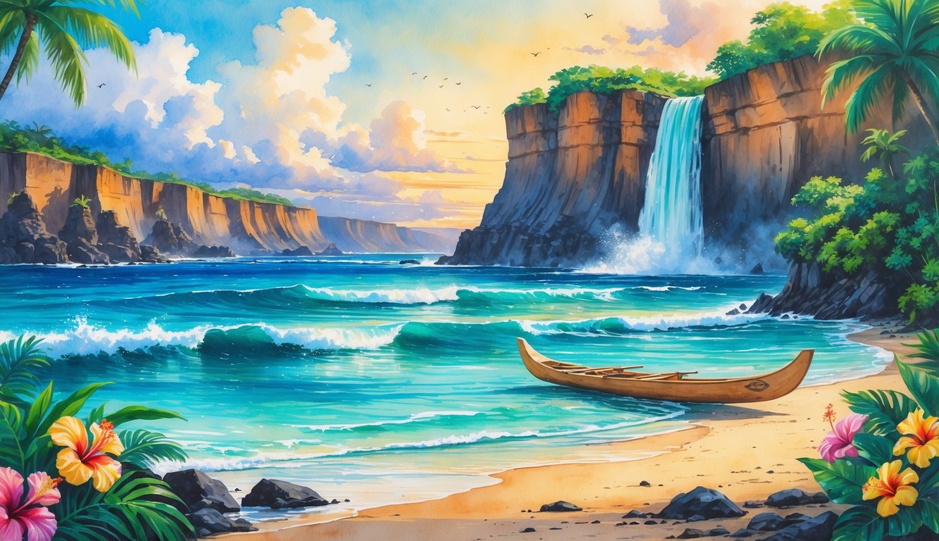 A coastal scene with ocean waves, volcanic cliffs, tropical plants, a waterfall in the distance, and a canoe near the shore.