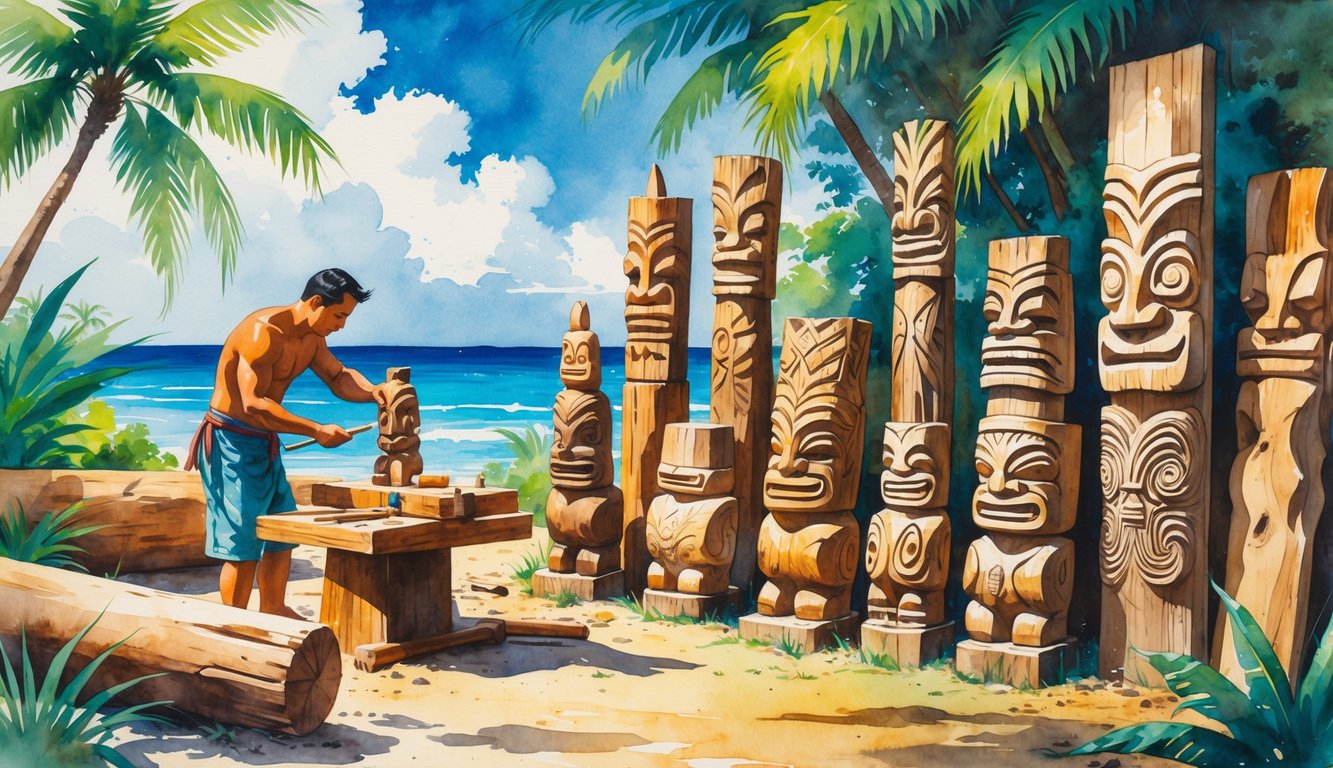 A Hawaiian artisan carving a wooden tiki figure surrounded by wood pieces and tropical plants near the ocean.