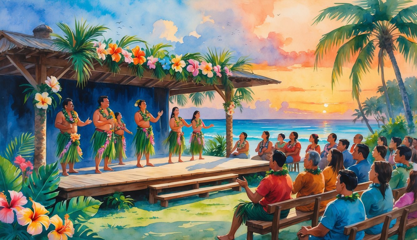 Audience watching actors perform a Hawaiian play on an outdoor stage surrounded by tropical plants and palm trees near the ocean at sunset.