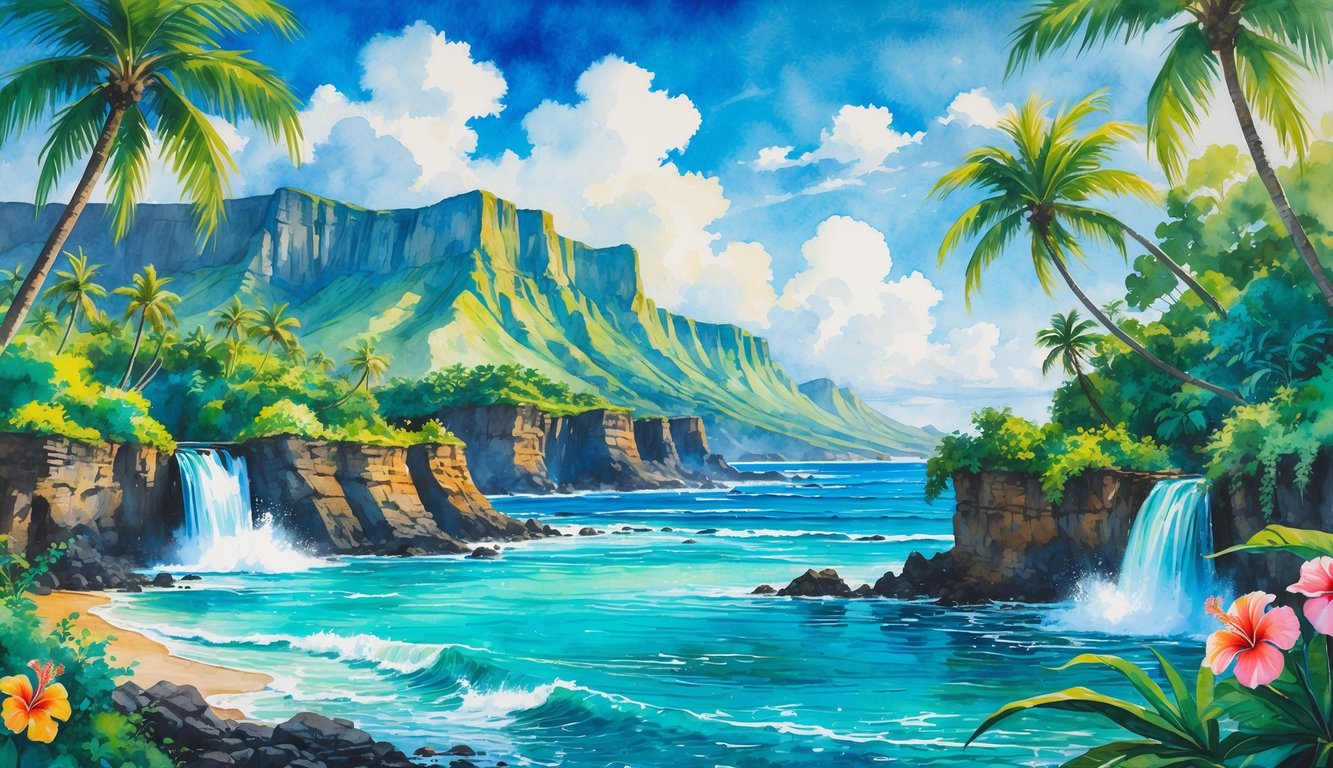 A tropical Hawaiian landscape with palm trees, colorful flowers, ocean waves, volcanic cliffs, mountains, and a waterfall surrounded by lush greenery.
