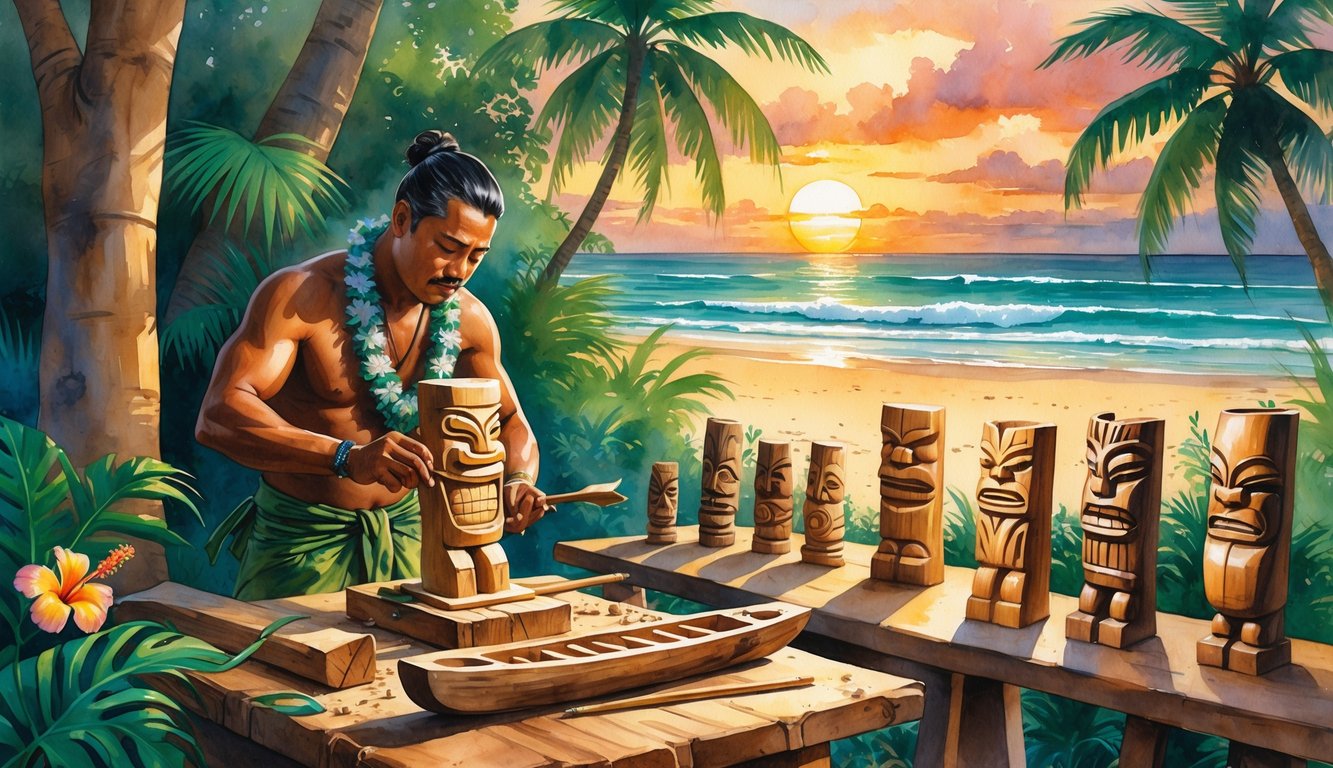 A Hawaiian artisan carving a wooden tiki figure surrounded by tropical plants and traditional wooden carvings near a beach at sunset.