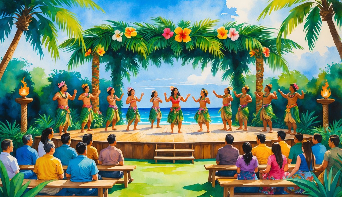 People watching a Hawaiian play outdoors with actors in traditional costumes surrounded by tropical plants and flowers.