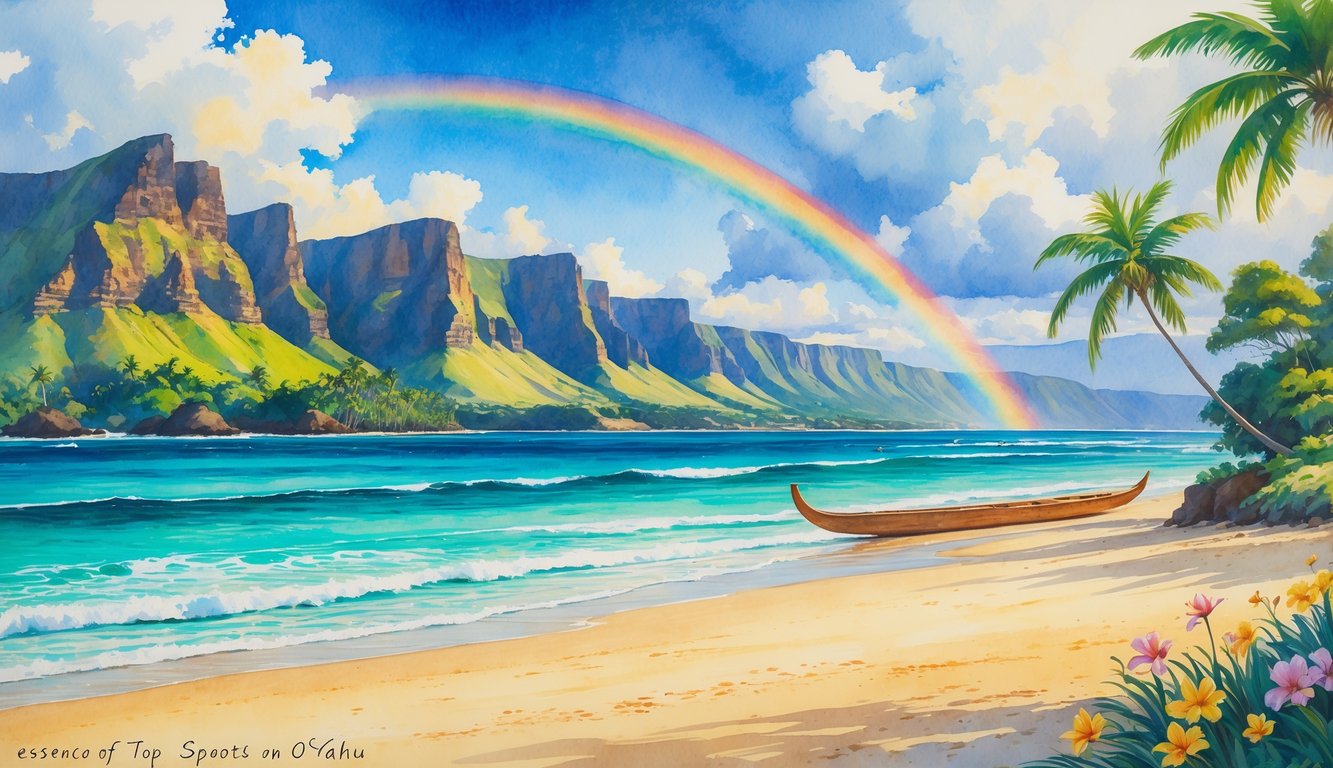 A scenic view of O’ahu showing green mountains, ocean waves, a sandy beach with tropical flowers, palm trees, and a canoe near the shore under a partly cloudy sky with a rainbow.