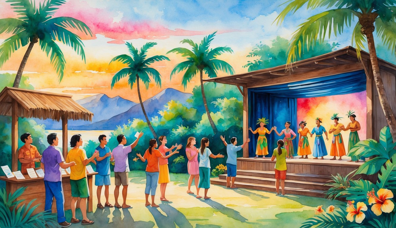 People gathering and entering an outdoor Hawaiian theater surrounded by tropical plants and palm trees, with actors performing on a stage.