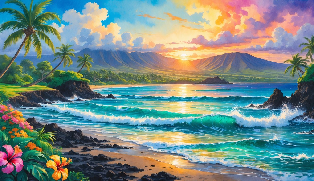 A tropical island landscape with palm trees, volcanic mountains, ocean waves, and colorful flowers under a glowing sunset sky.