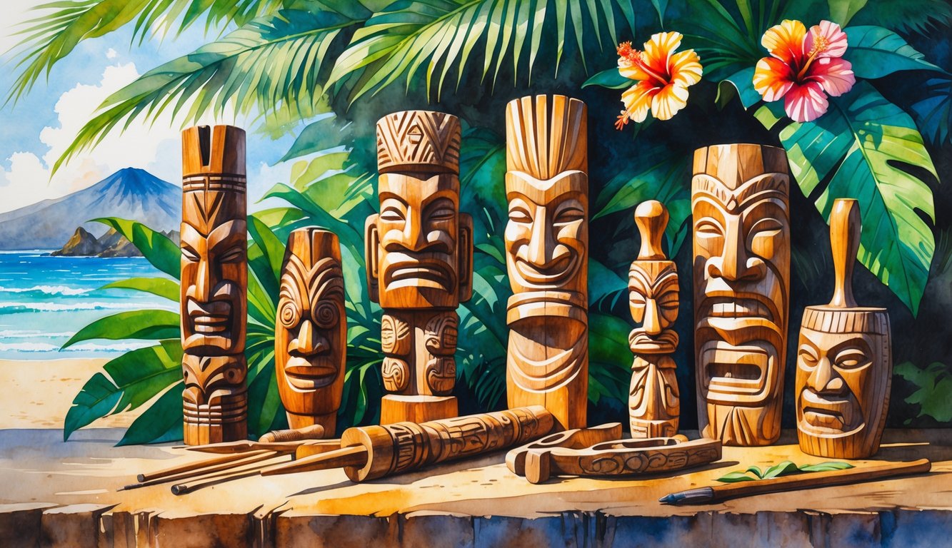 A collection of traditional Hawaiian wooden sculptures and carving tools displayed among tropical plants with palm leaves and flowers, set against a natural outdoor background.