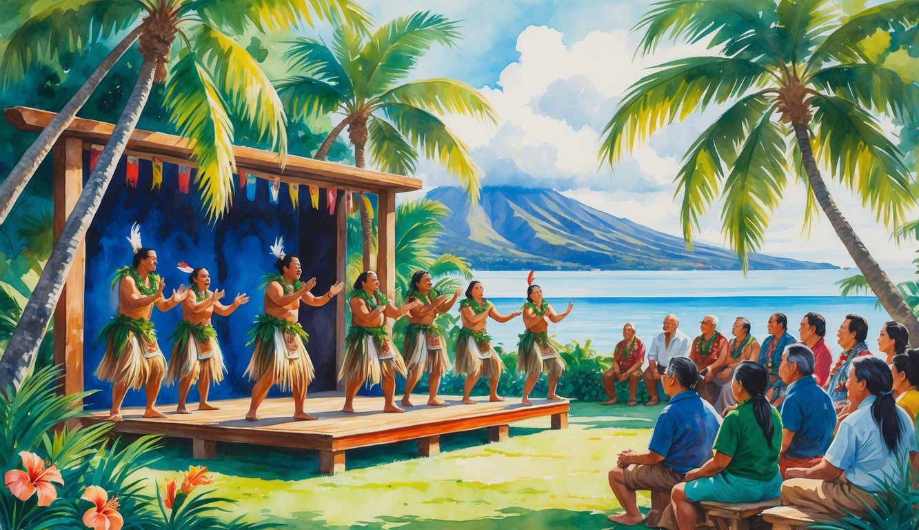 People in traditional Hawaiian costumes perform on an outdoor stage surrounded by tropical plants and an attentive audience watching the play.