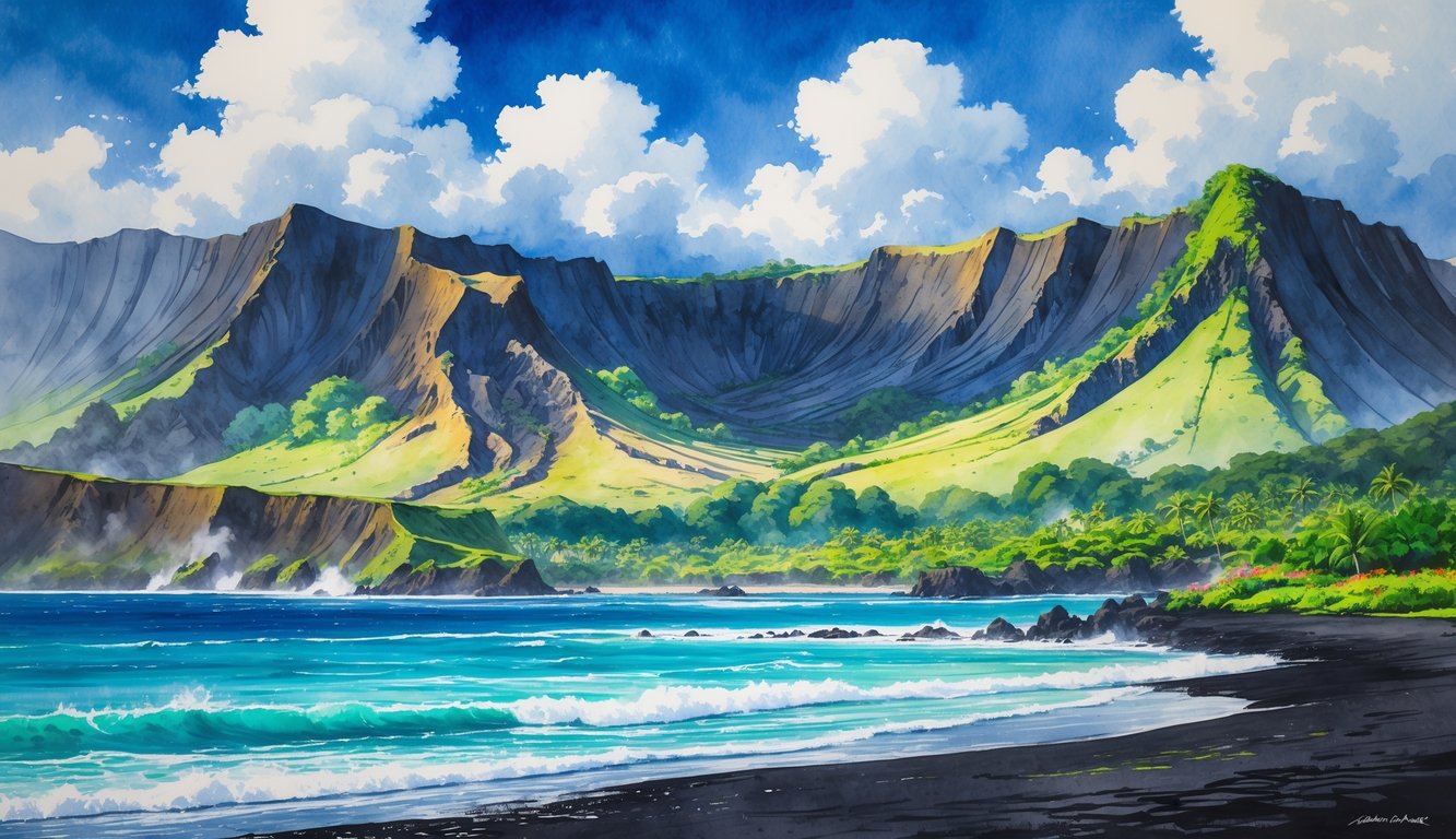 A coastal landscape with volcanic mountains, green forests, wildflowers, and clear turquoise ocean water under a blue sky.