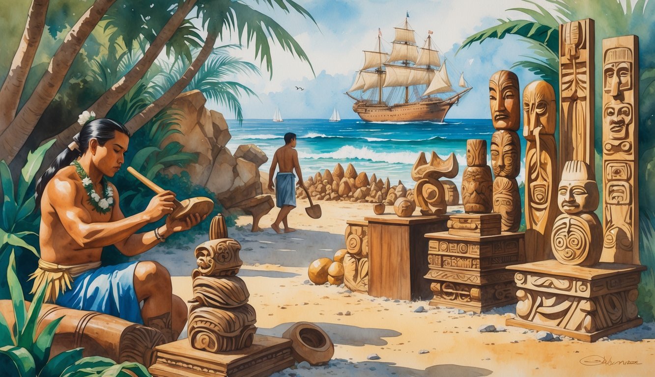 A Hawaiian artisan carving wood near the shore with traditional tools while Western sailors arrive on ships in the background, showing the blending of cultures and woodworking styles.