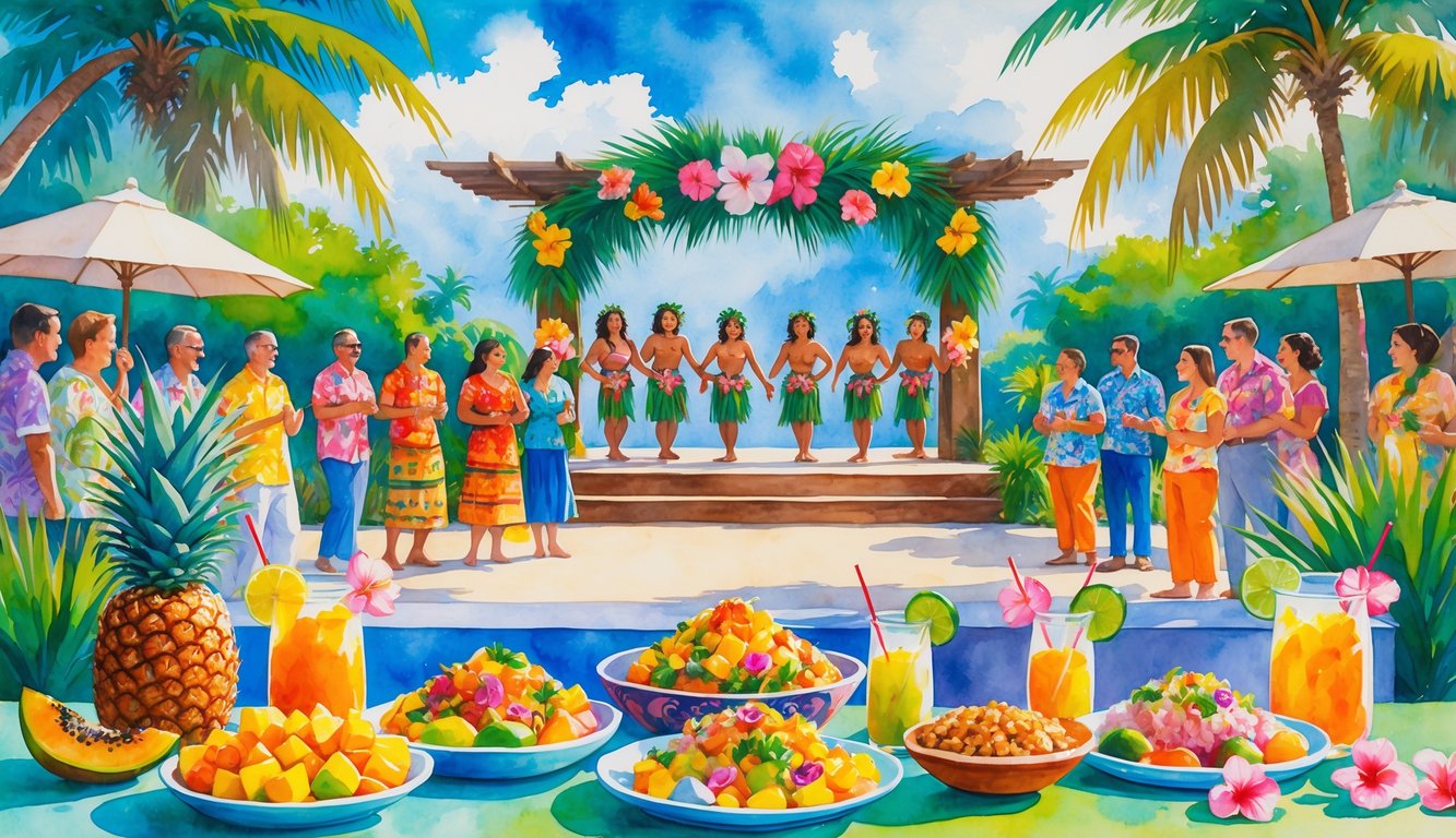 People enjoying traditional Hawaiian food and drinks near an outdoor stage where performers are dancing surrounded by palm trees and tropical flowers.